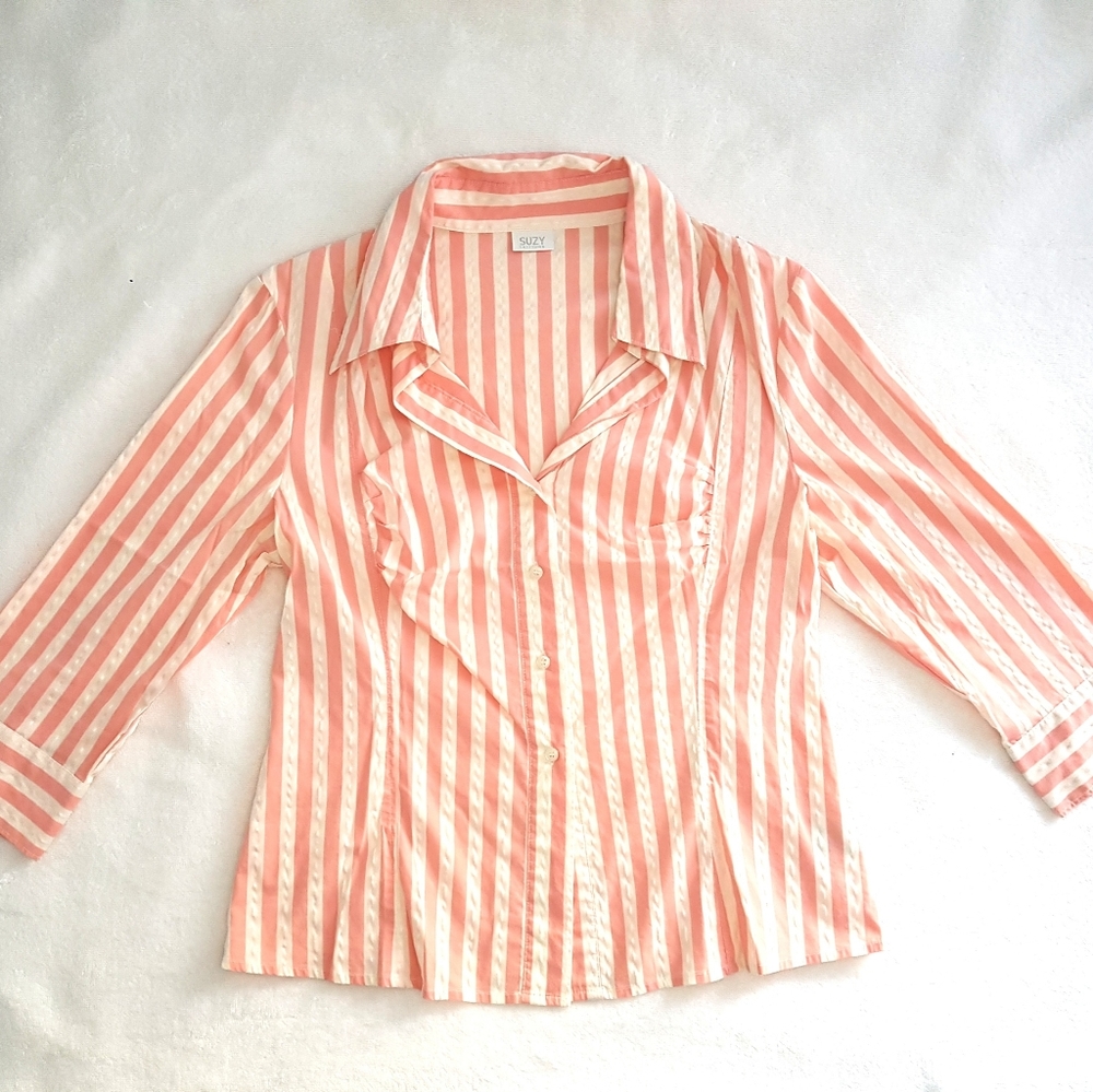 Ladies peach white striped 3/4 sleeve shirt blouse